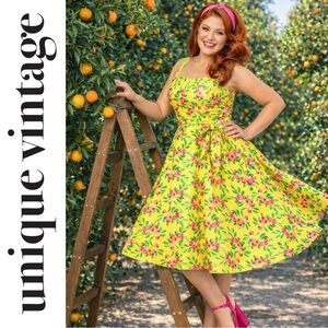 Unique Vintage 50s Yellow & Pink Floral Strawberry Guavas Swing Dress, 2x, NWT!